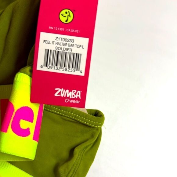 Zumba NWT! Feel It Halter Bar Sports Bra Soldier Green Neon Band Dance Fitness - Picture 6 of 6
